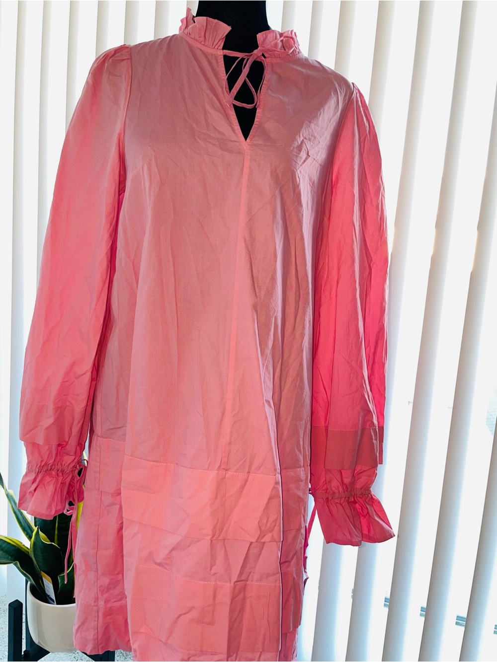 Light Pink Long Sleeve Tie-Neck Shift Dress